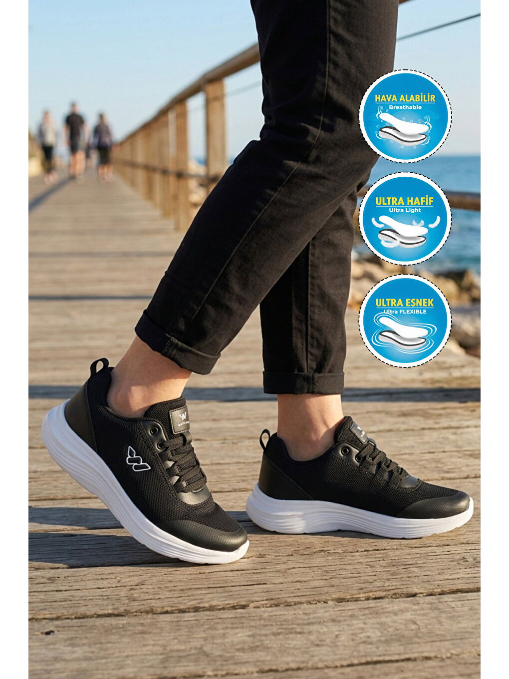 Siyah Beyaz Fileli Hafif Esnek Hava Alabilen Unisex Spor Ayakkabı Pete G-2