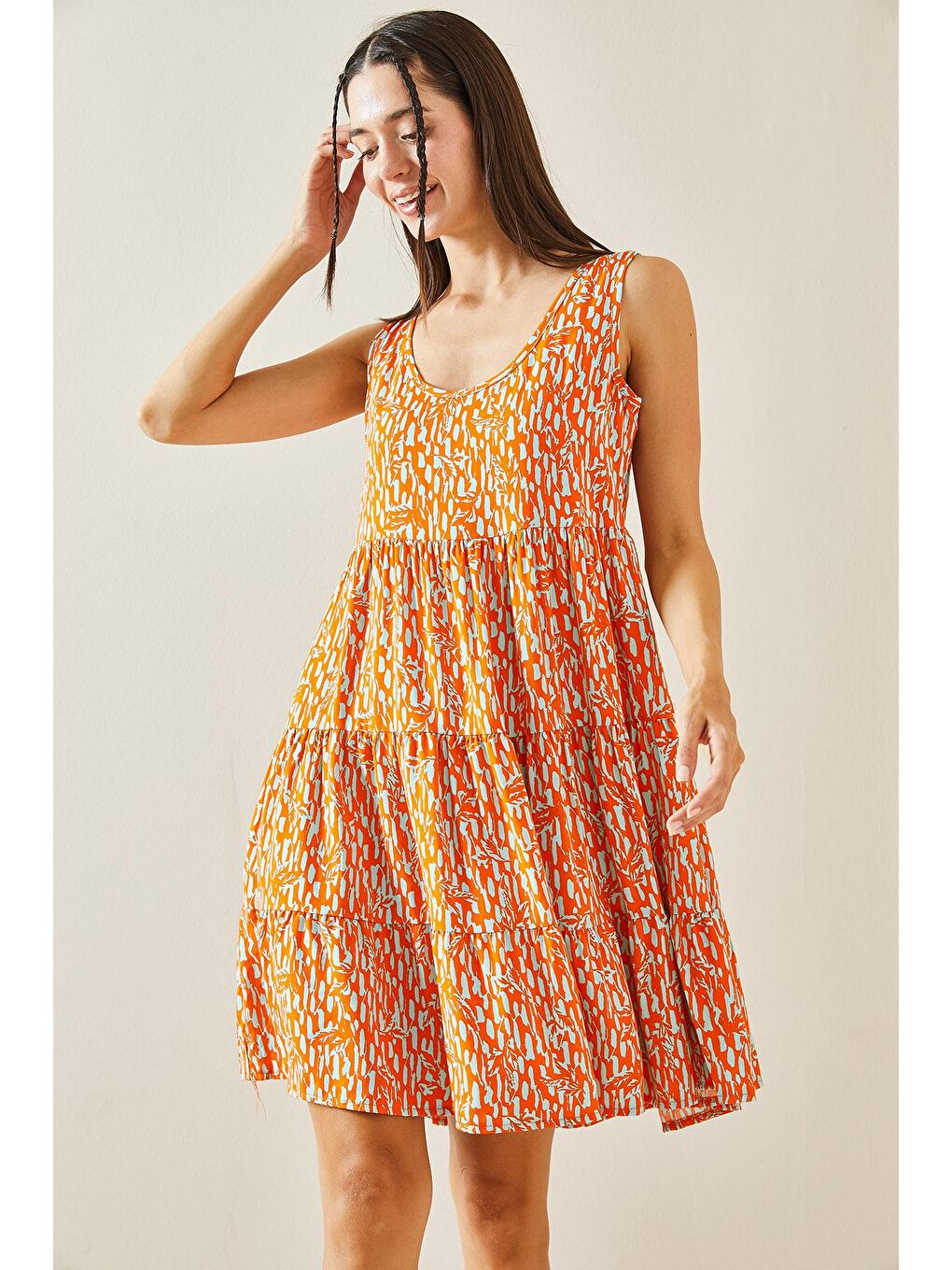 Turuncu U Yaka Desenli Askılı Elbise 5YXK6-48849-11-2