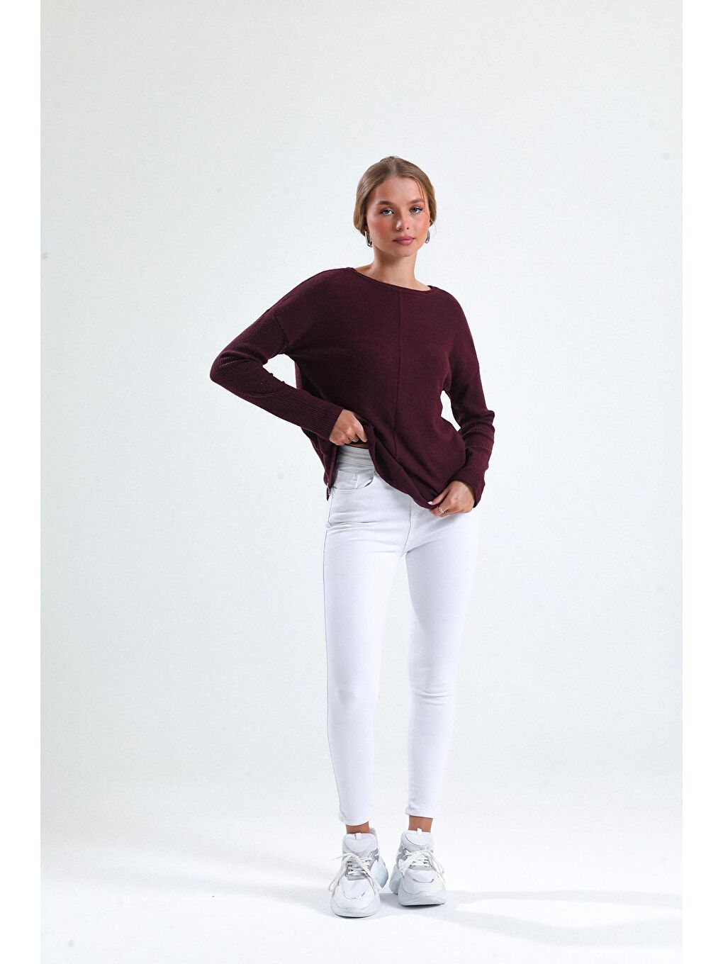 Bordo Bisiklet Yaka Yanları Fermuar Detaylı Mevsimlik Triko Sweatshirt 435660-4