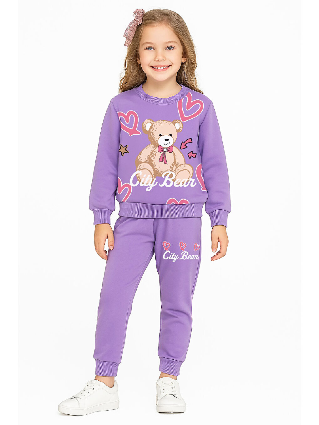 Lila Kız Çocuk 2 İplik Şardonsuz Ayıcık Baskılı Alt-Üst Takım-3 -10 Yaş 12415