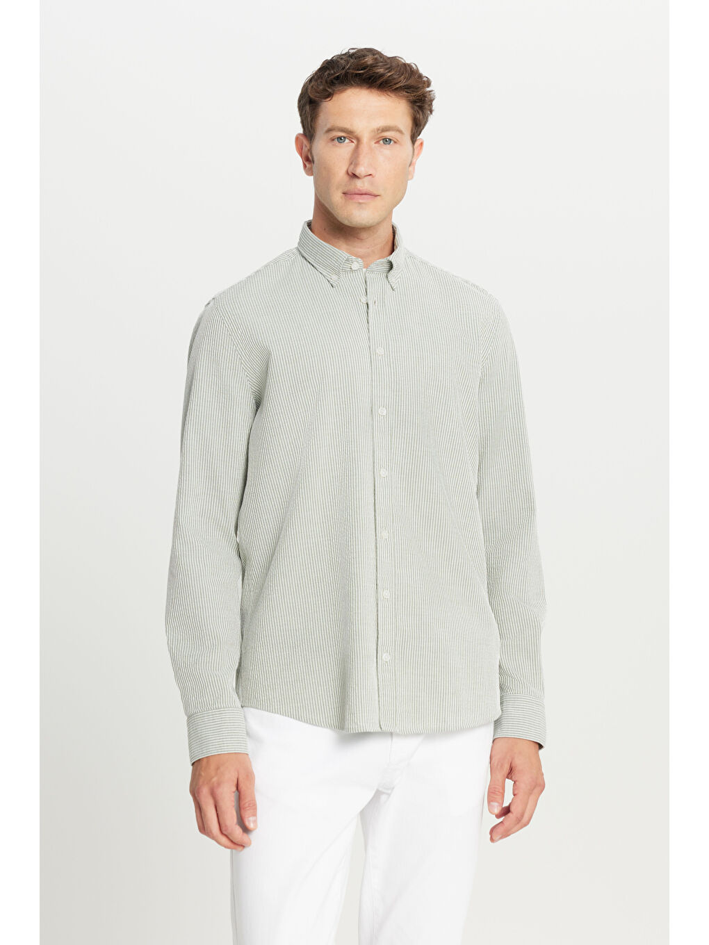 Erkek Haki-Beyaz %100 Pamuk Slim Fit Dar Kesim Düğmeli Yaka Çizgili Gömlek-3