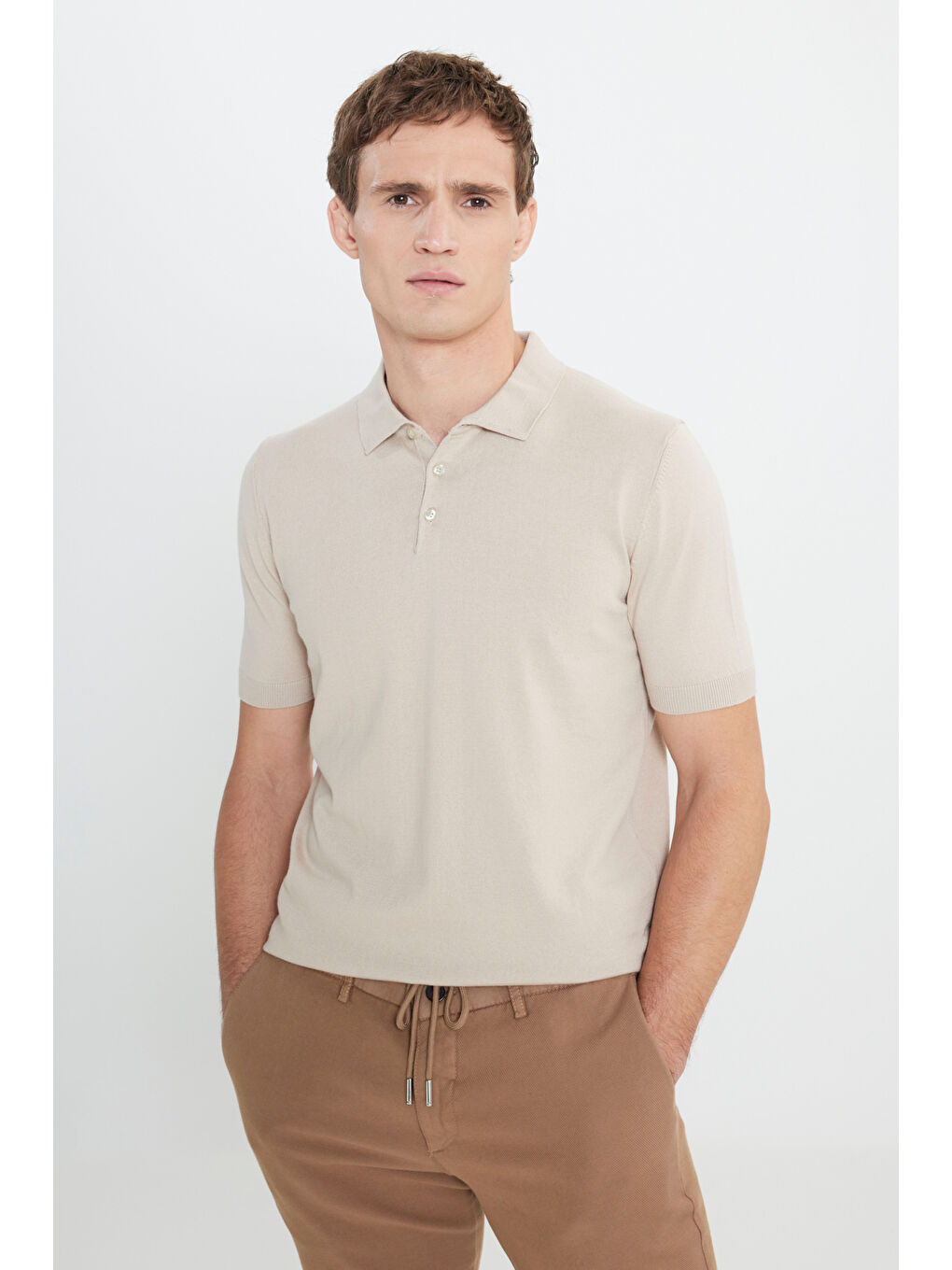 Erkek Bej Standart Fit Normal Kesim %100 Pamuk Polo Yaka Triko Tişört-4