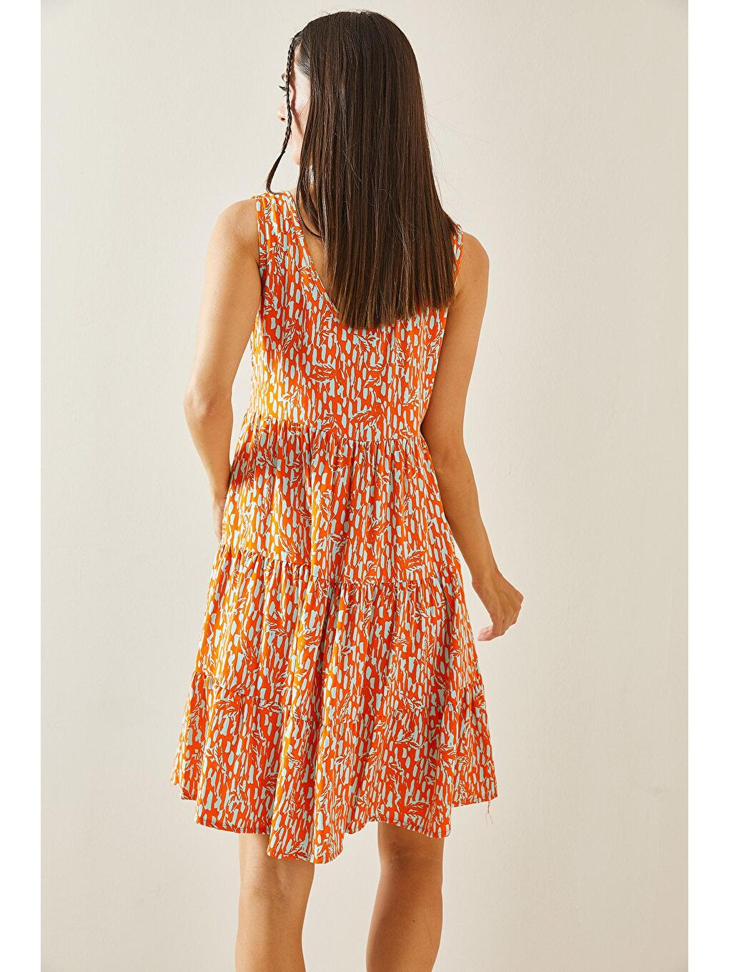 Turuncu U Yaka Desenli Askılı Elbise 5YXK6-48849-11-4