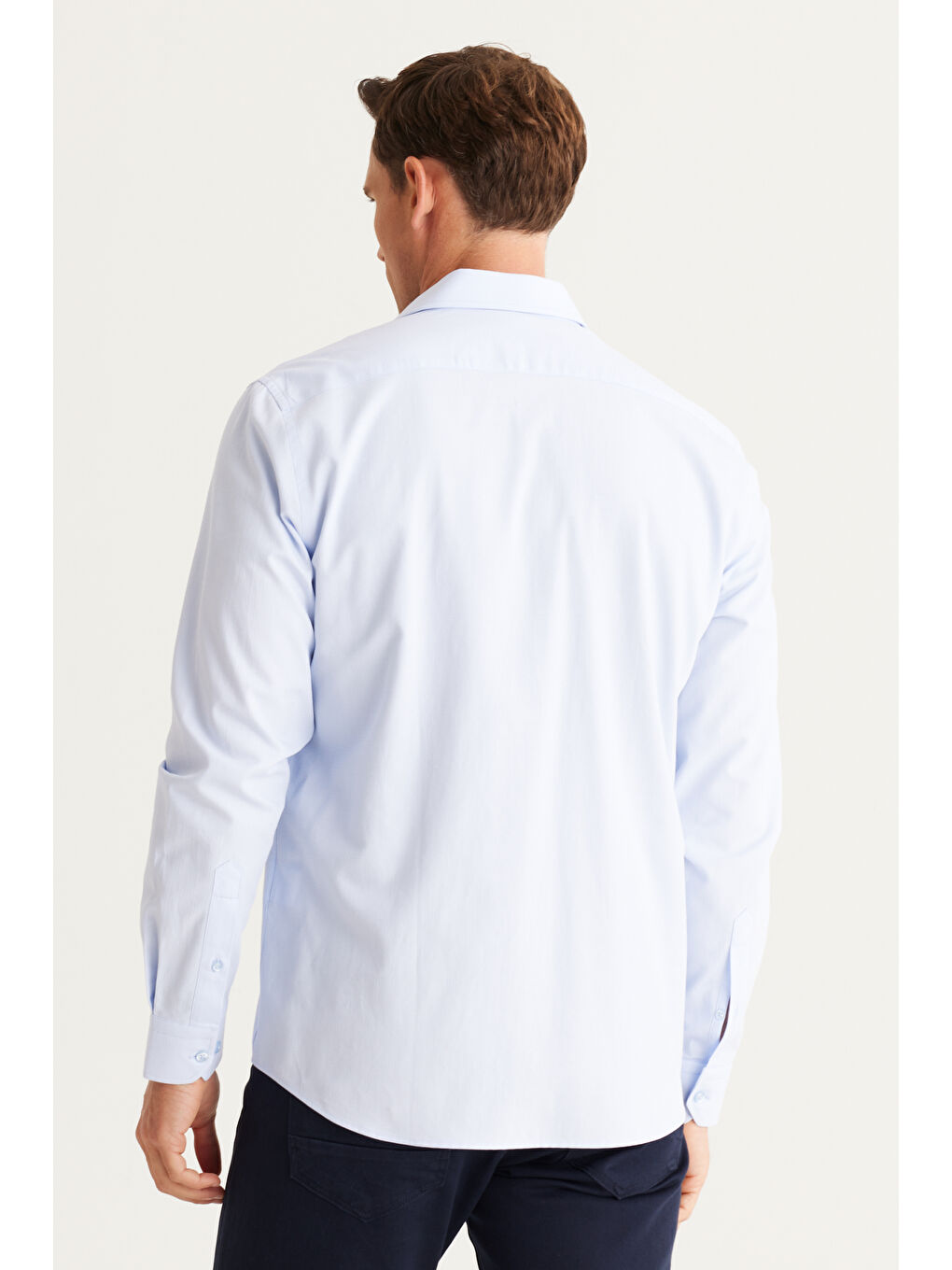 Erkek Açık Mavi Slim Fit Dar Kesim Klasik Yaka %100 Pamuk Armürlü Gömlek-4