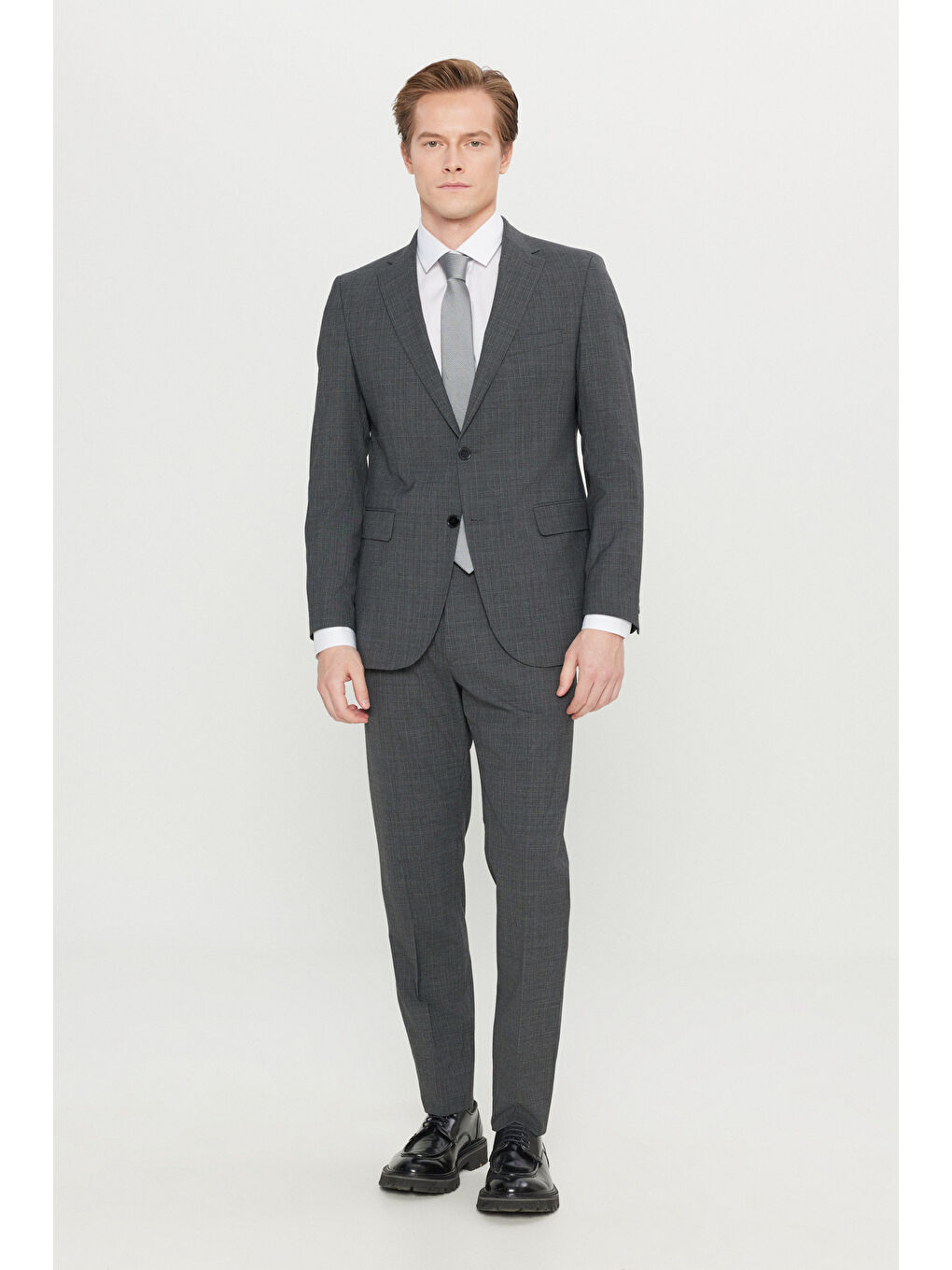 Erkek Koyu Gri Slim Fit Dar Kesim Mono Yaka Kareli Kapak Cepli Esnek Takım Elbise-1