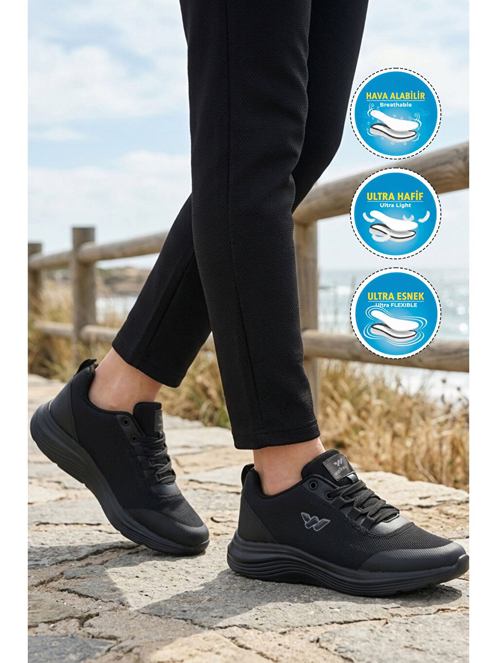 Siyah Fileli Hafif Esnek Hava Alabilen Unisex Spor Ayakkabı Pete G-2