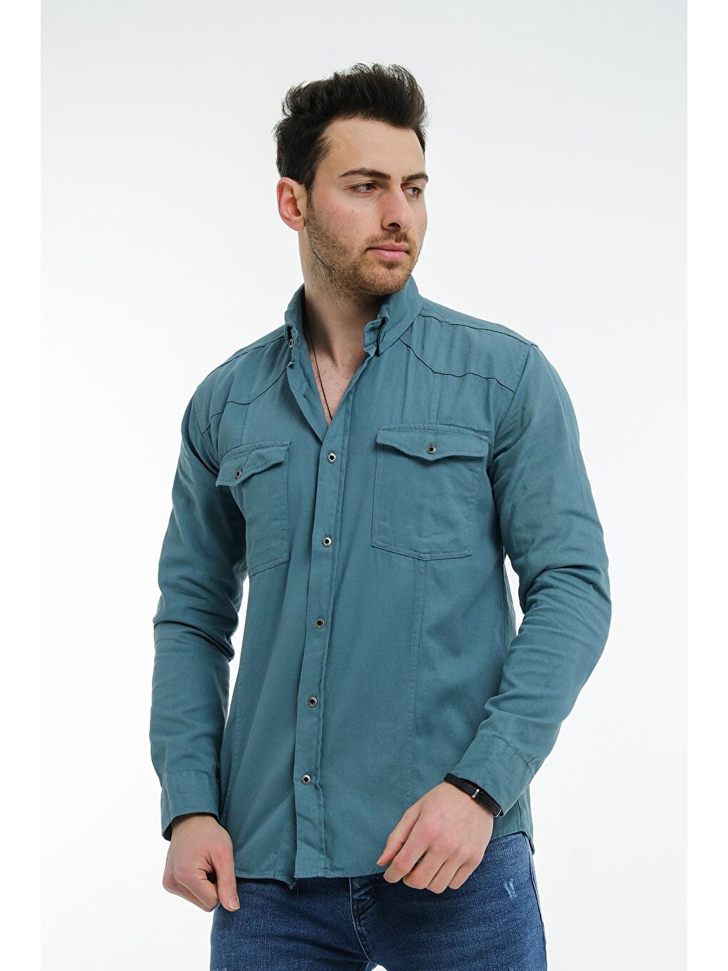 Yeşil Brady Comfort Fit Çift Cep Gabardin Elastanlı Erkek Gömlek