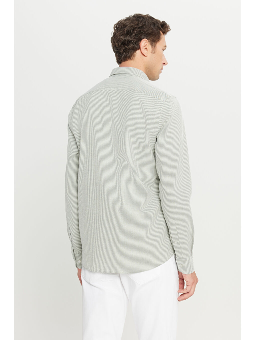 Erkek Haki-Beyaz %100 Pamuk Slim Fit Dar Kesim Düğmeli Yaka Çizgili Gömlek-5