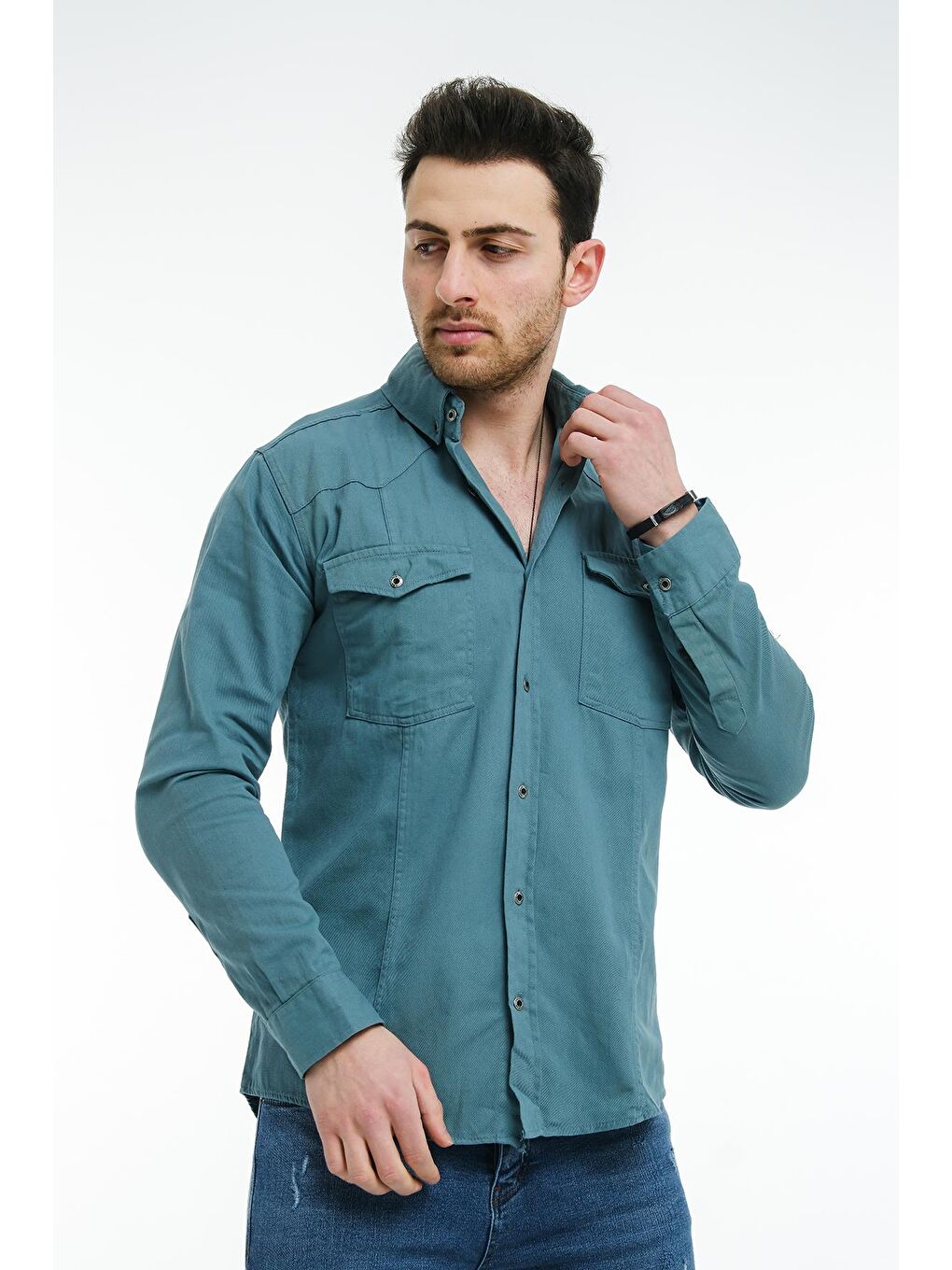 Yeşil Brady Comfort Fit Çift Cep Gabardin Elastanlı Erkek Gömlek-1