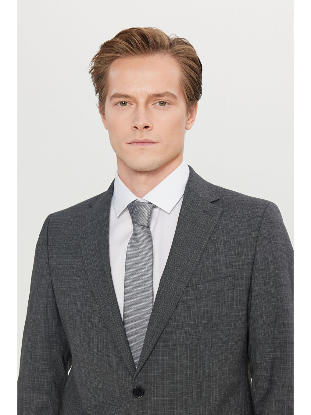 Erkek Koyu Gri Slim Fit Dar Kesim Mono Yaka Kareli Kapak Cepli Esnek Takım Elbise-3