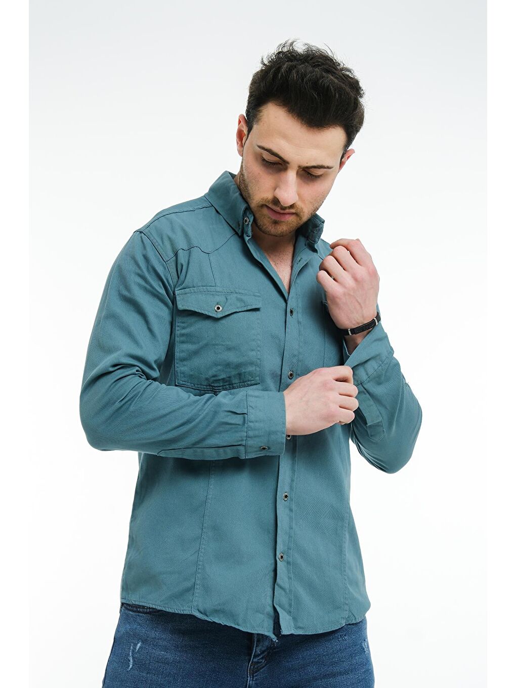 Yeşil Brady Comfort Fit Çift Cep Gabardin Elastanlı Erkek Gömlek-2