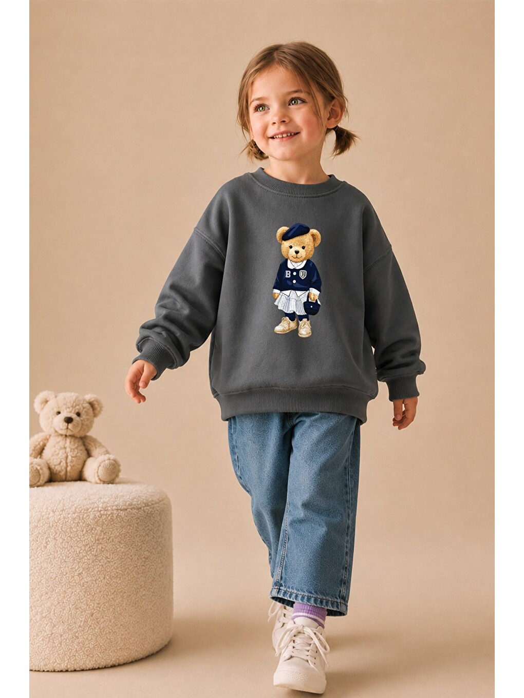 Antrasit Kız Çocuk 3 İplik Kumaş Pamuklu Ayıcık Baskılı Sweatshirt
