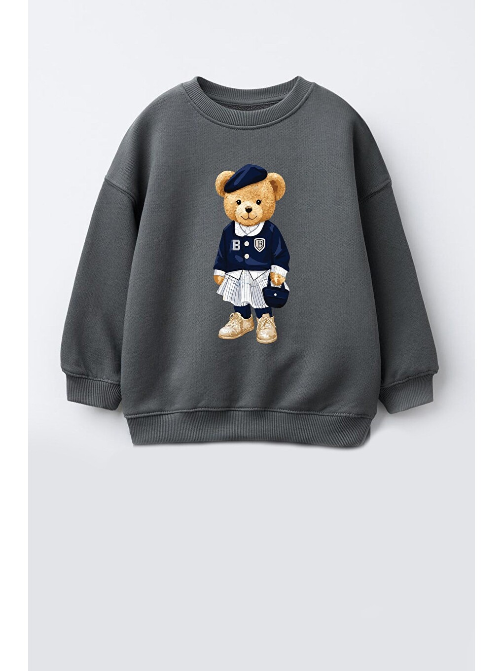 Antrasit Kız Çocuk 3 İplik Kumaş Pamuklu Ayıcık Baskılı Sweatshirt-1