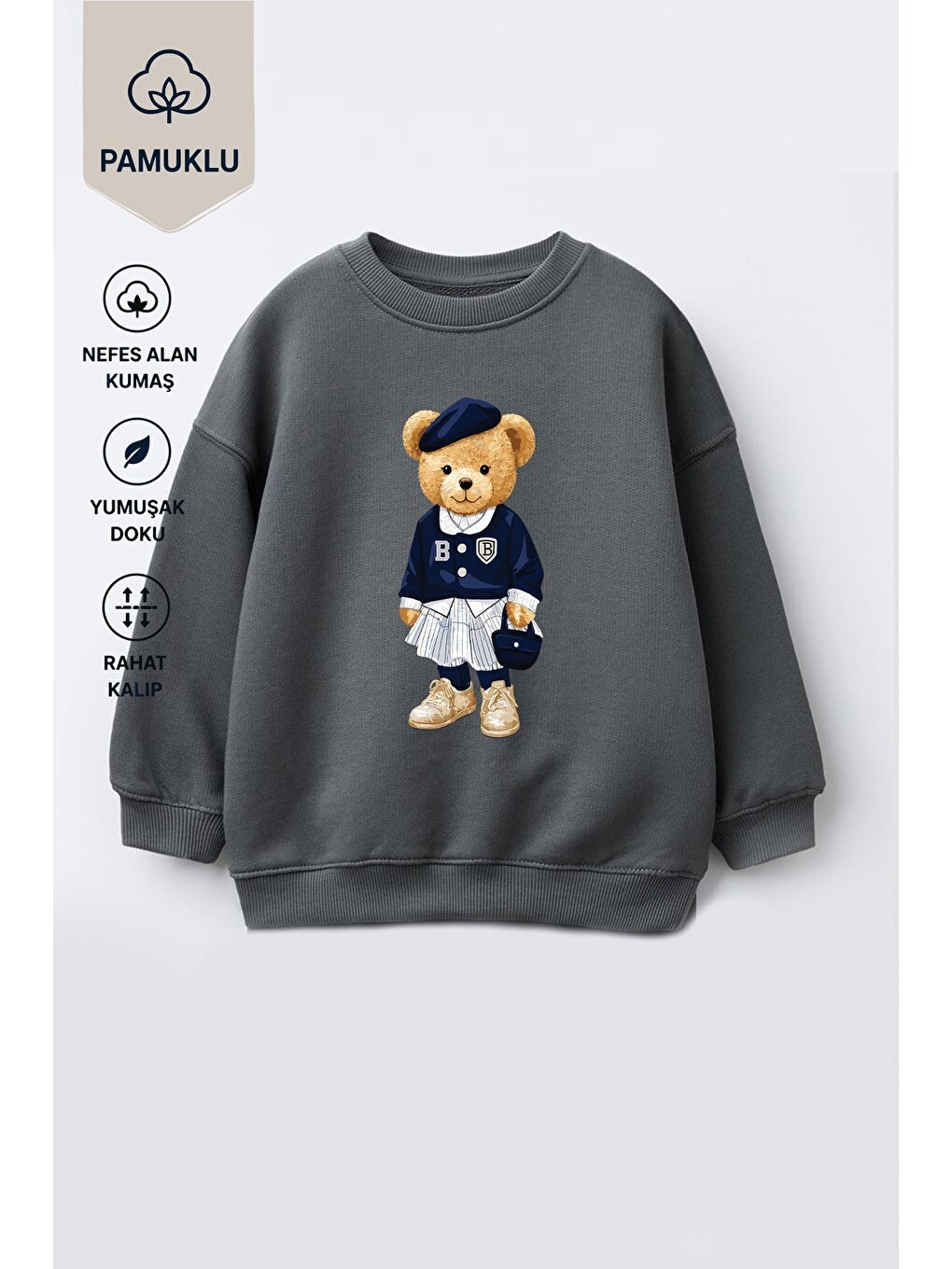 Antrasit Kız Çocuk 3 İplik Kumaş Pamuklu Ayıcık Baskılı Sweatshirt-3