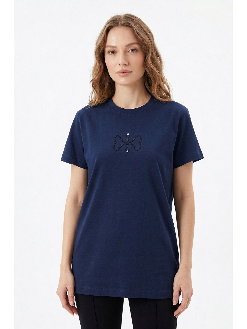 Pamuklu Nakışlı Tshirt Tunik 5360 Lacivert