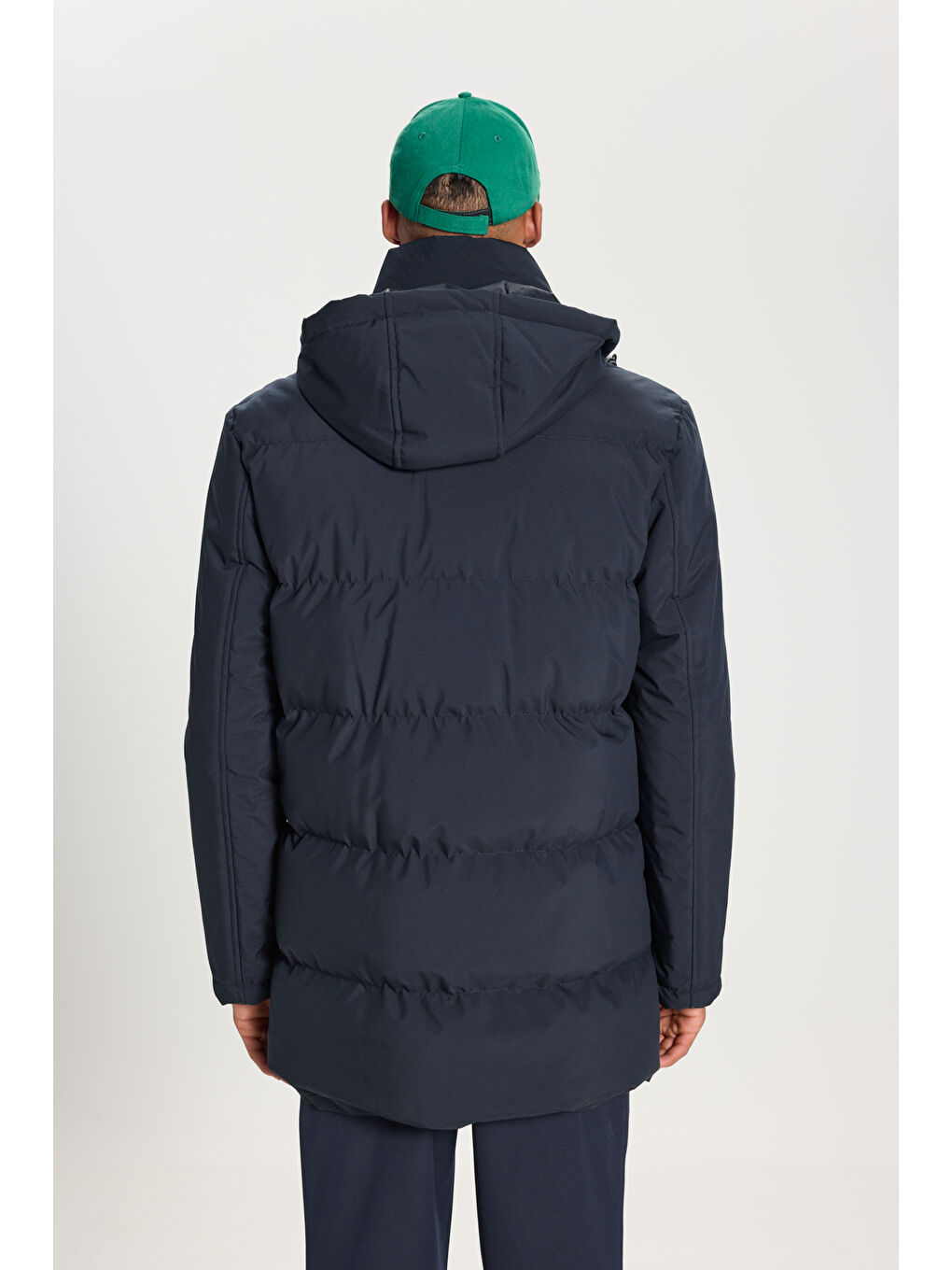 Erkek Lacivert Standart Fit Normal Kesim Çıkma Kapüşon Dik Yaka Torba Cepli Kaban-7