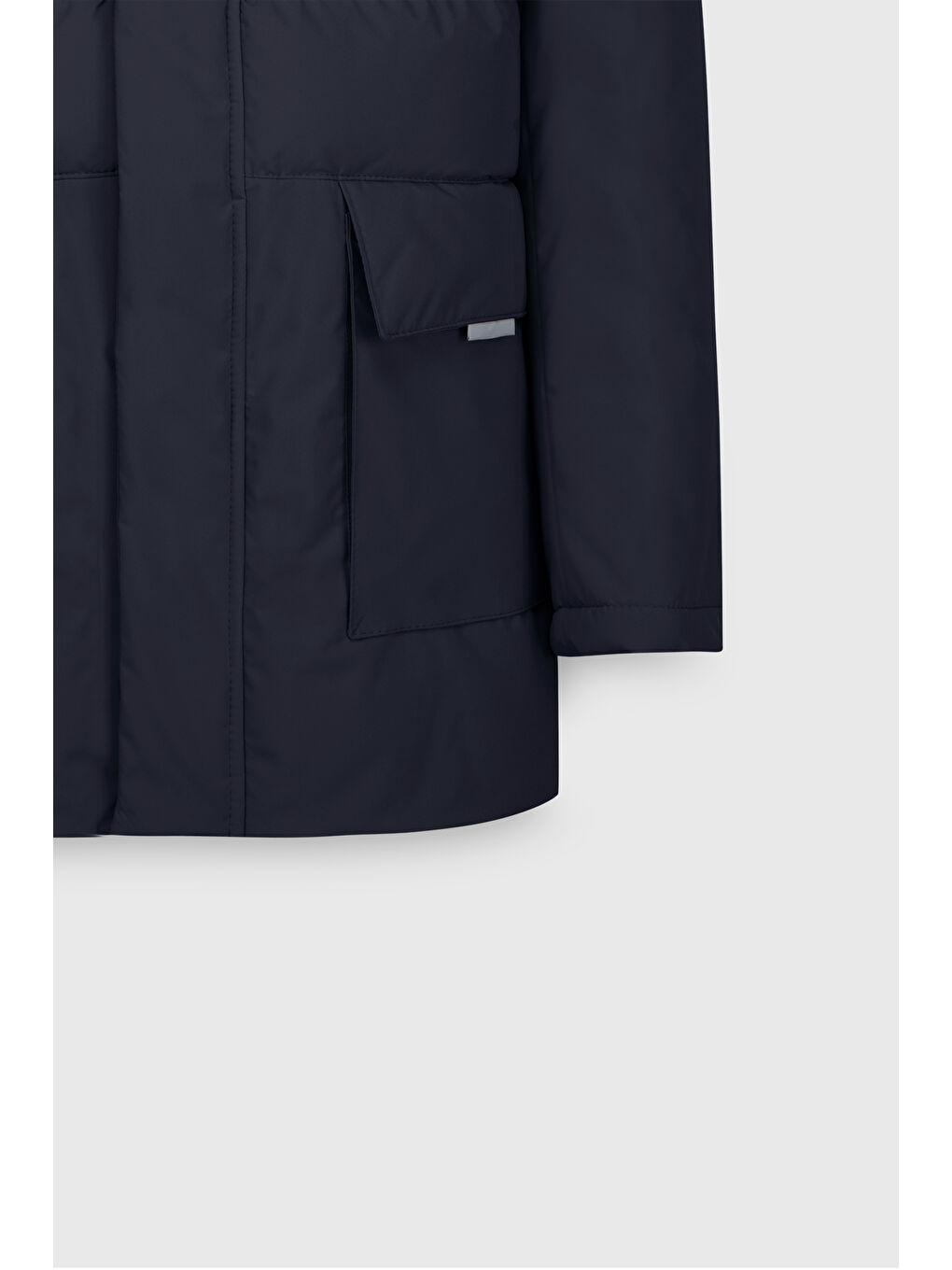 Erkek Lacivert Standart Fit Normal Kesim Çıkma Kapüşon Dik Yaka Torba Cepli Kaban-10