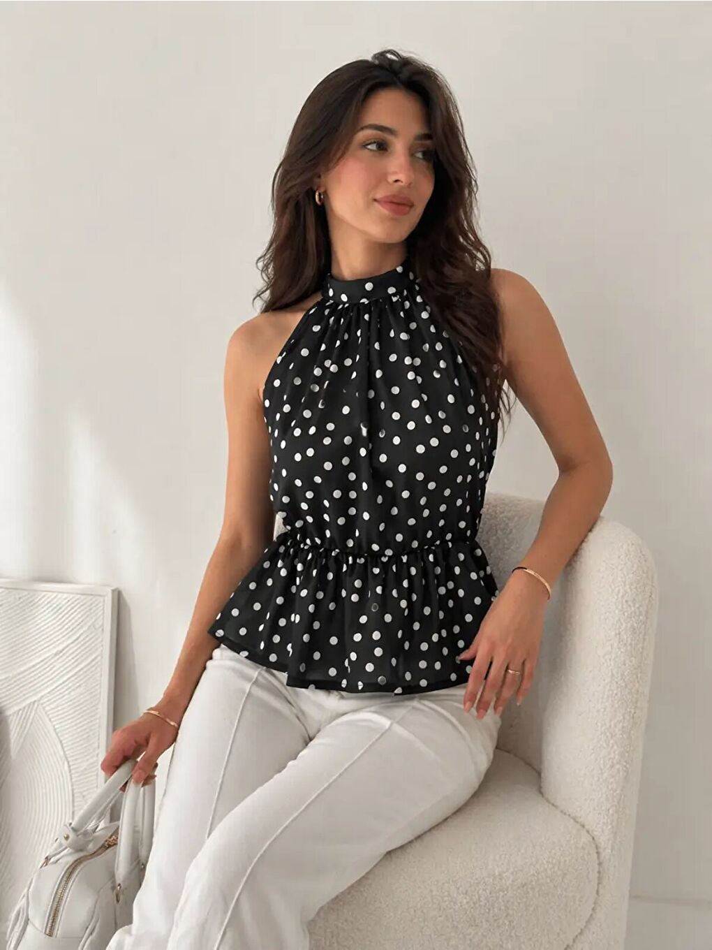 Siyah Puantiyeli Halter Yaka Bluz-2