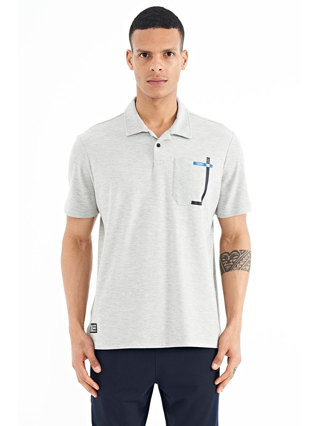 TOMMYLIFE Gri Melanj Cep Detaylı Baskılı Standart Kalıp Polo Yaka Erkek T-Shirt - 88241