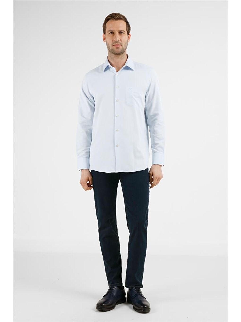 Mavi Çizgili Desen Sert Yaka Uzun Kol Cepli Comfort Fit Pamuklu Gömlek 1004255268-1