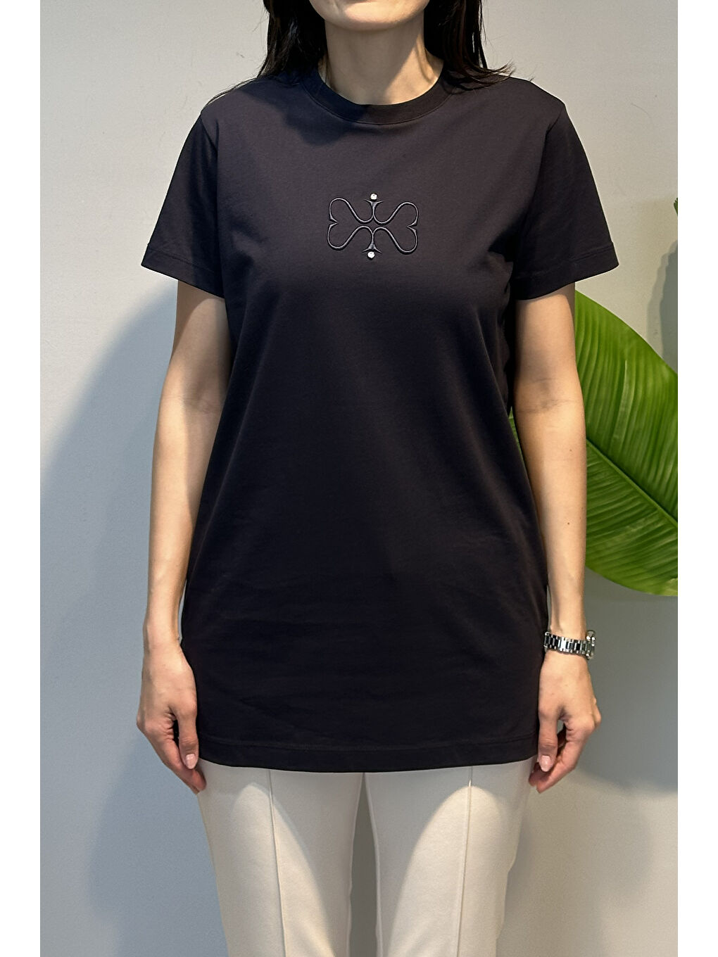 Pamuklu Nakışlı Tshirt Tunik 5360 Lacivert-1