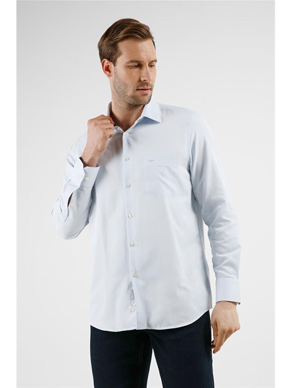 Mavi Çizgili Desen Sert Yaka Uzun Kol Cepli Comfort Fit Pamuklu Gömlek 1004255268-2