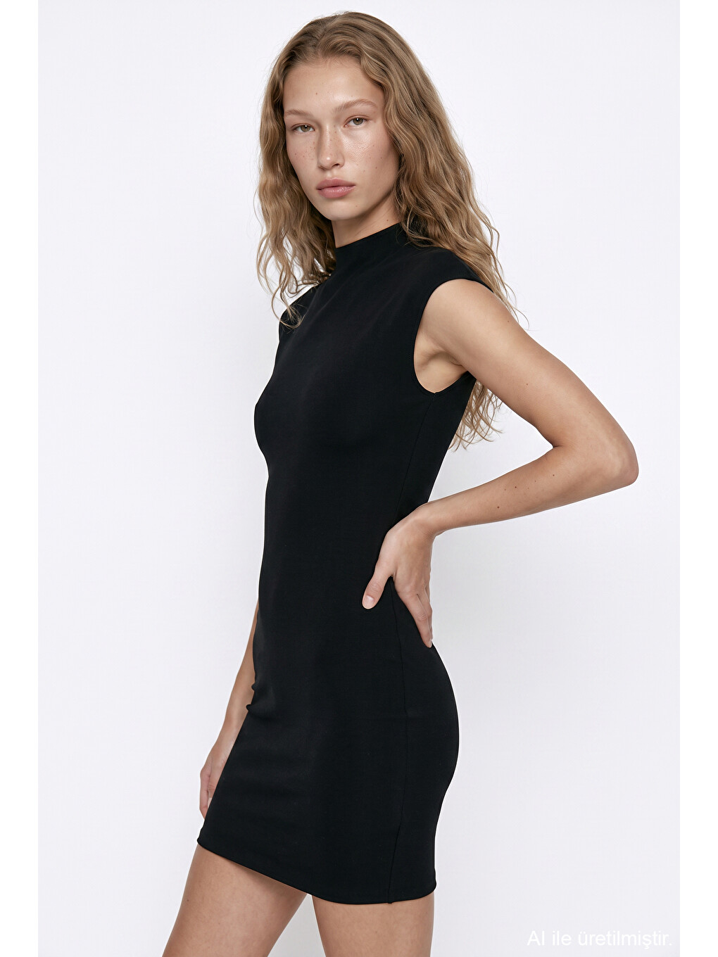 Dik Yaka Bele Oturan Mini Elbise Siyah-2
