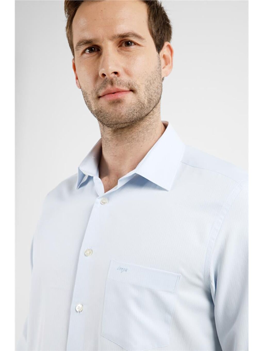 Mavi Çizgili Desen Sert Yaka Uzun Kol Cepli Comfort Fit Pamuklu Gömlek 1004255268-3