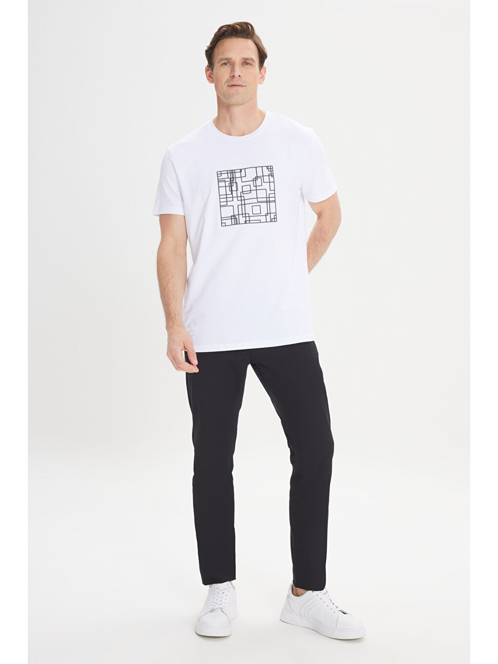 Erkek Beyaz Slim Fit Dar Kesim Pamuklu Esnek Baskılı Bisiklet Yaka Tişört-1