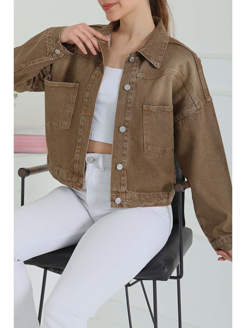 Kahverengi Kadın Çift Cepli Crop Jean Ceket Tint kahve   26573