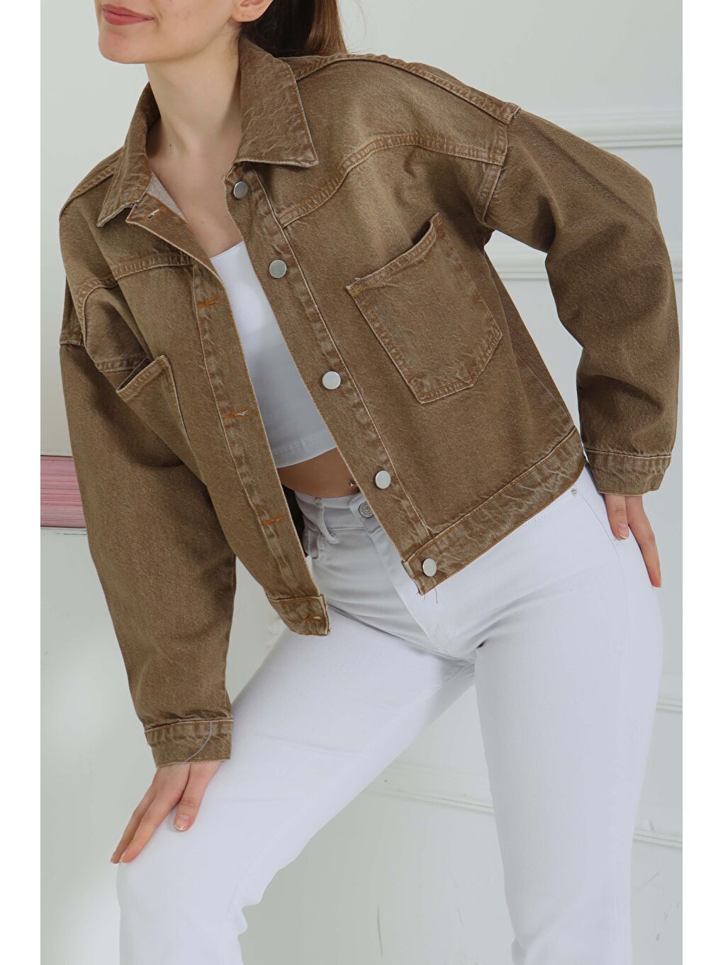 Kahverengi Kadın Çift Cepli Crop Jean Ceket Tint kahve   26573-2