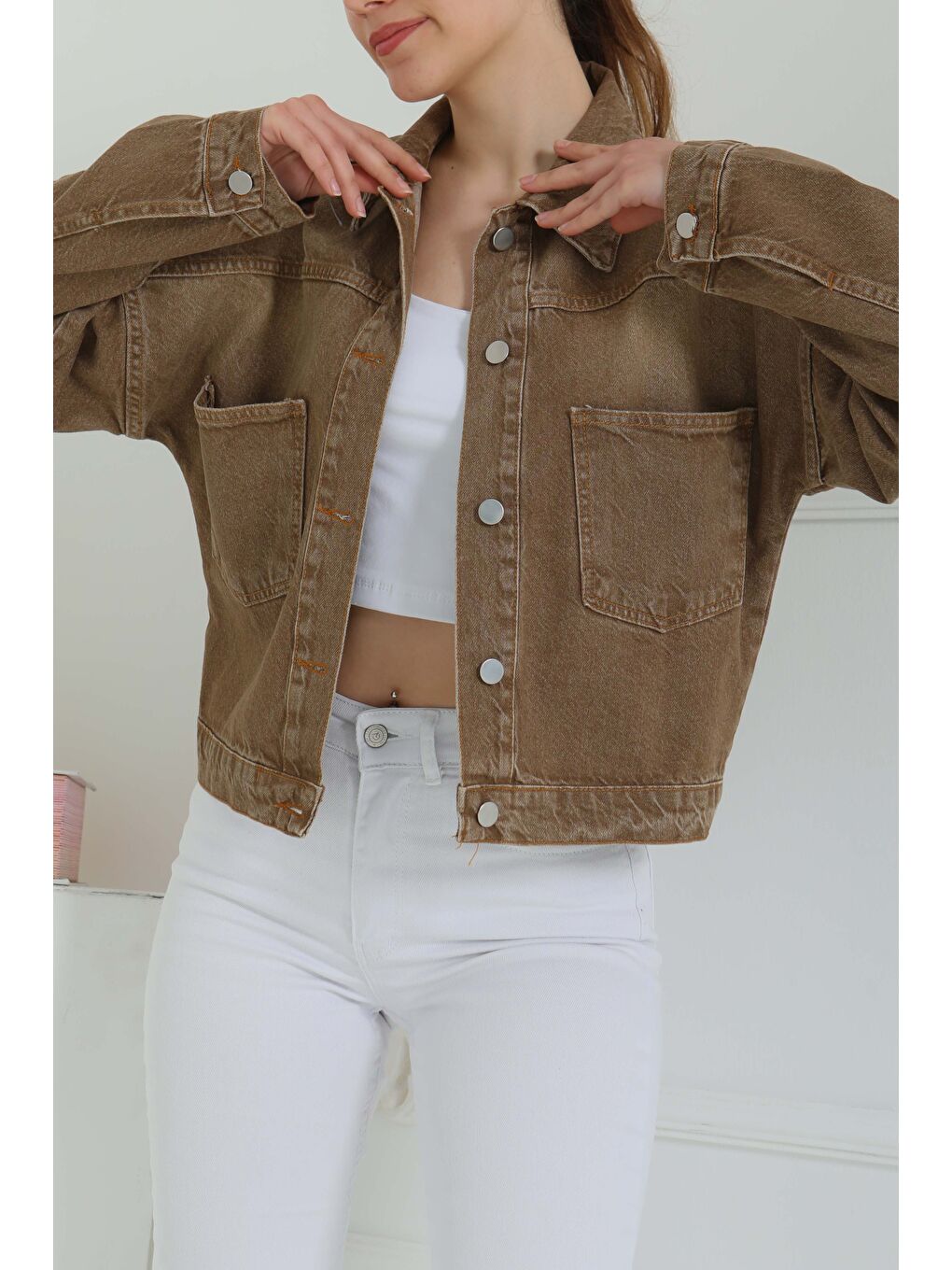 Kahverengi Kadın Çift Cepli Crop Jean Ceket Tint kahve   26573-4