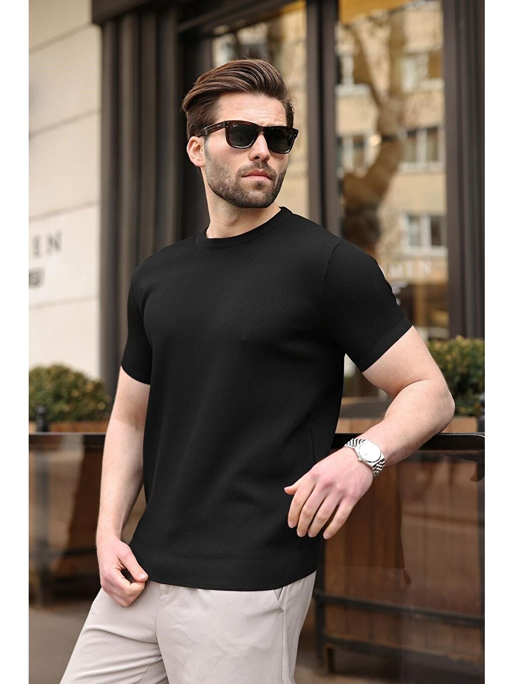 Siyah Bisiklet Yaka Fitilli Erkek Tişört E7474