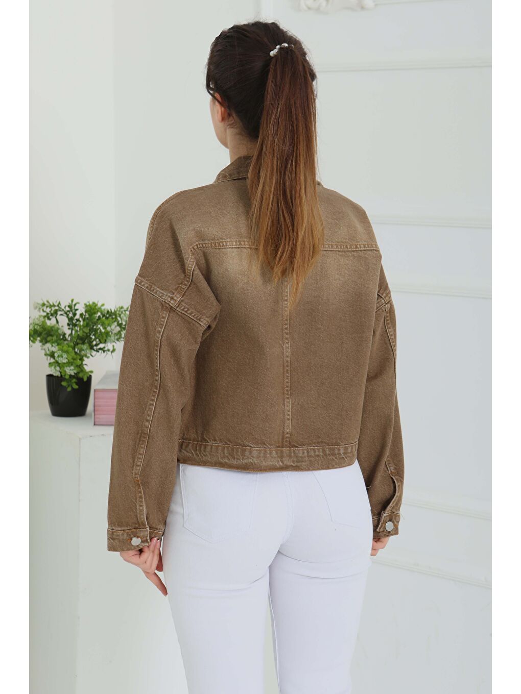 Kahverengi Kadın Çift Cepli Crop Jean Ceket Tint kahve   26573-7