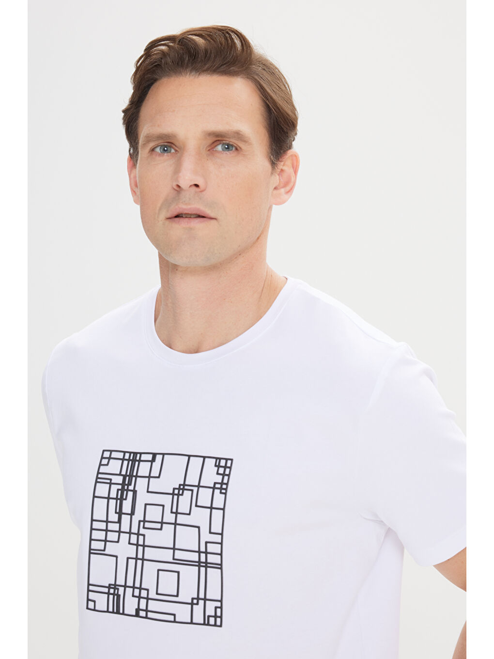 Erkek Beyaz Slim Fit Dar Kesim Pamuklu Esnek Baskılı Bisiklet Yaka Tişört-2