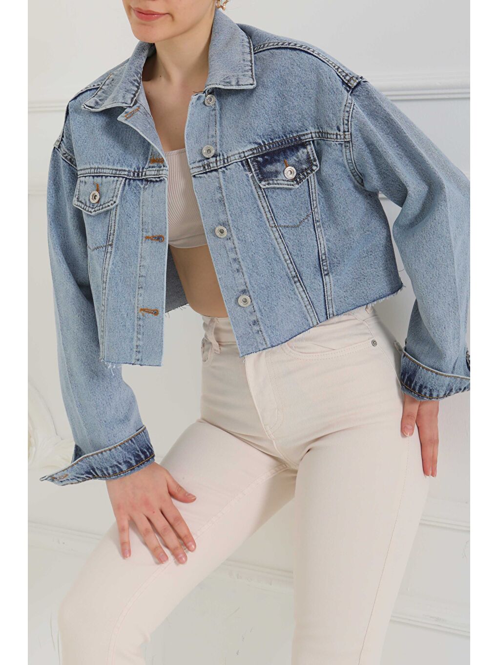 Kadın Çift Cepli Lazer Kesim Crop Jean Ceket Mavi   26582