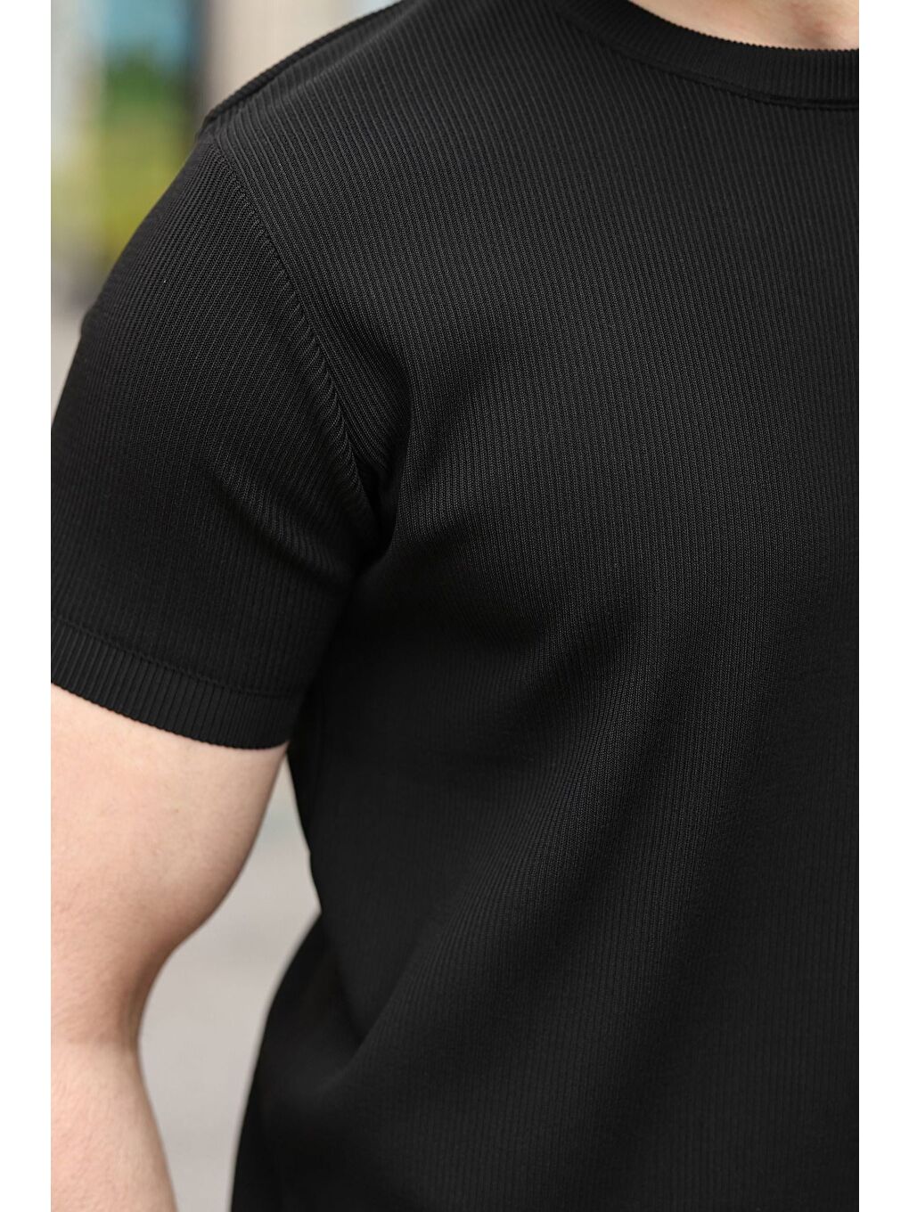 Siyah Bisiklet Yaka Fitilli Erkek Tişört E7474-2