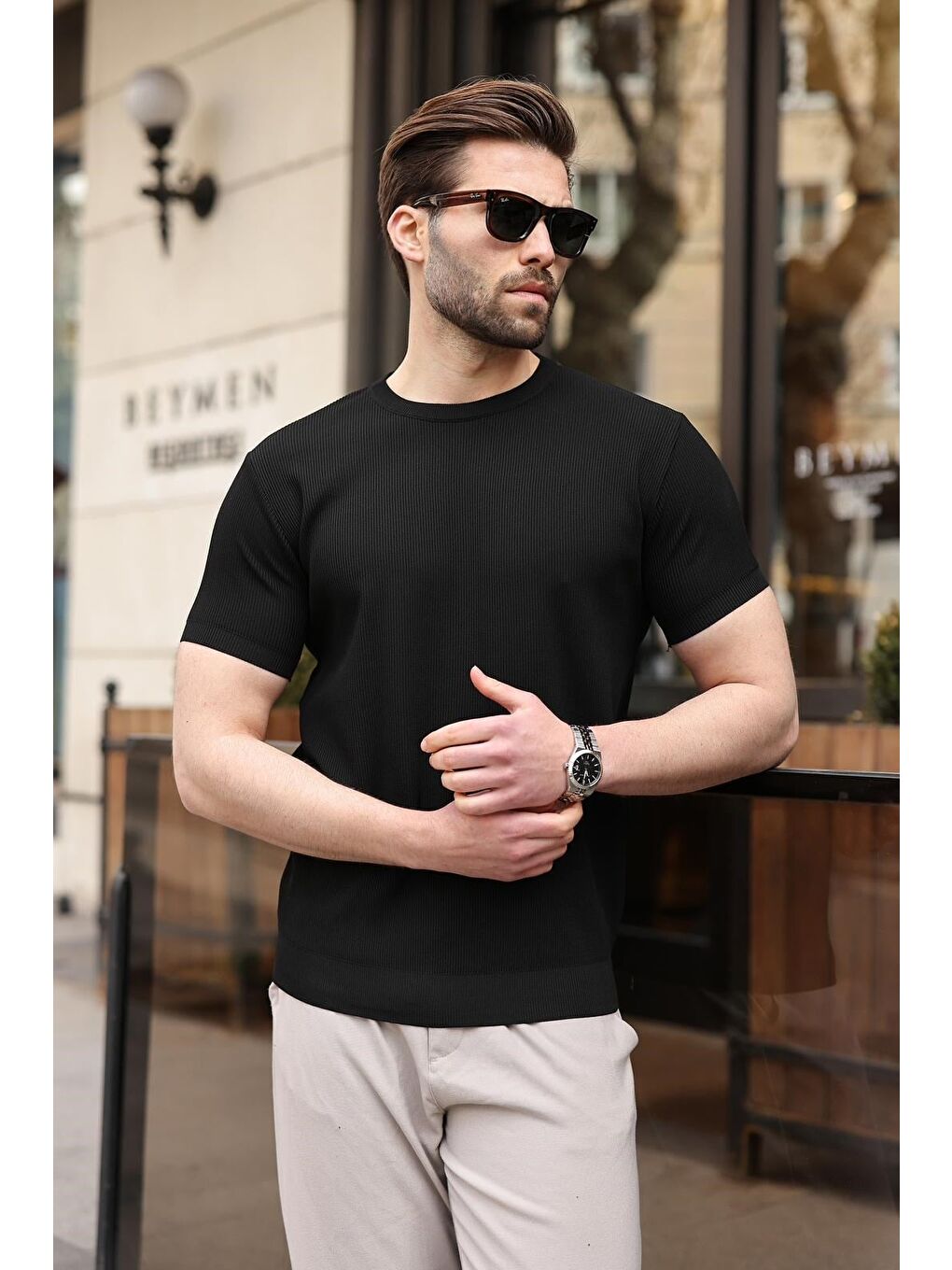 Siyah Bisiklet Yaka Fitilli Erkek Tişört E7474-3