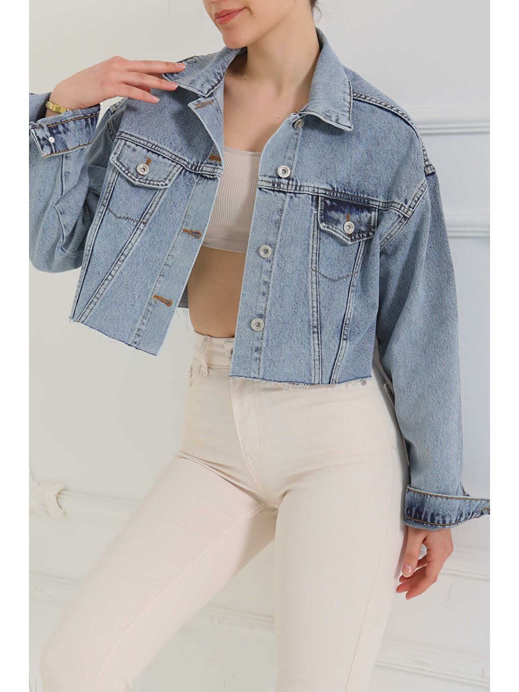 Kadın Çift Cepli Lazer Kesim Crop Jean Ceket Mavi   26582-4