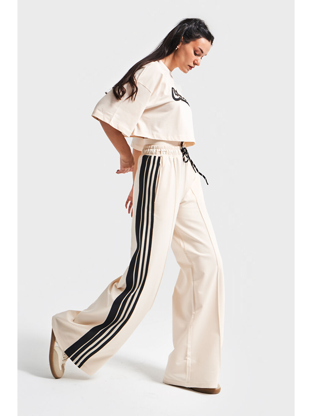 Kadın Bej Siyah Renk s5-105 Örme Kumaş Eşofman Oversize T-Shirt Fermuarlı Polar 3'lü Takım Kombin-1