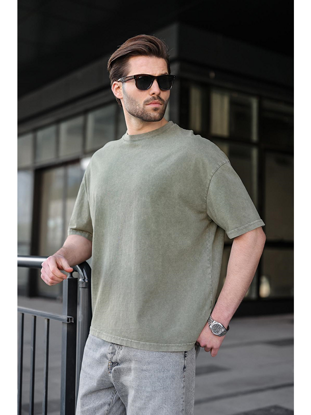 Haki %100 Pamuklu Oversize Erkek Tişört E7178