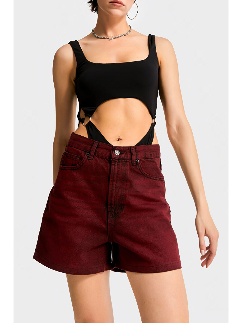 Kadın Bordo Renk 20s5-35 Midi Boy Mom Fit %100 Pamuk Denim Şort