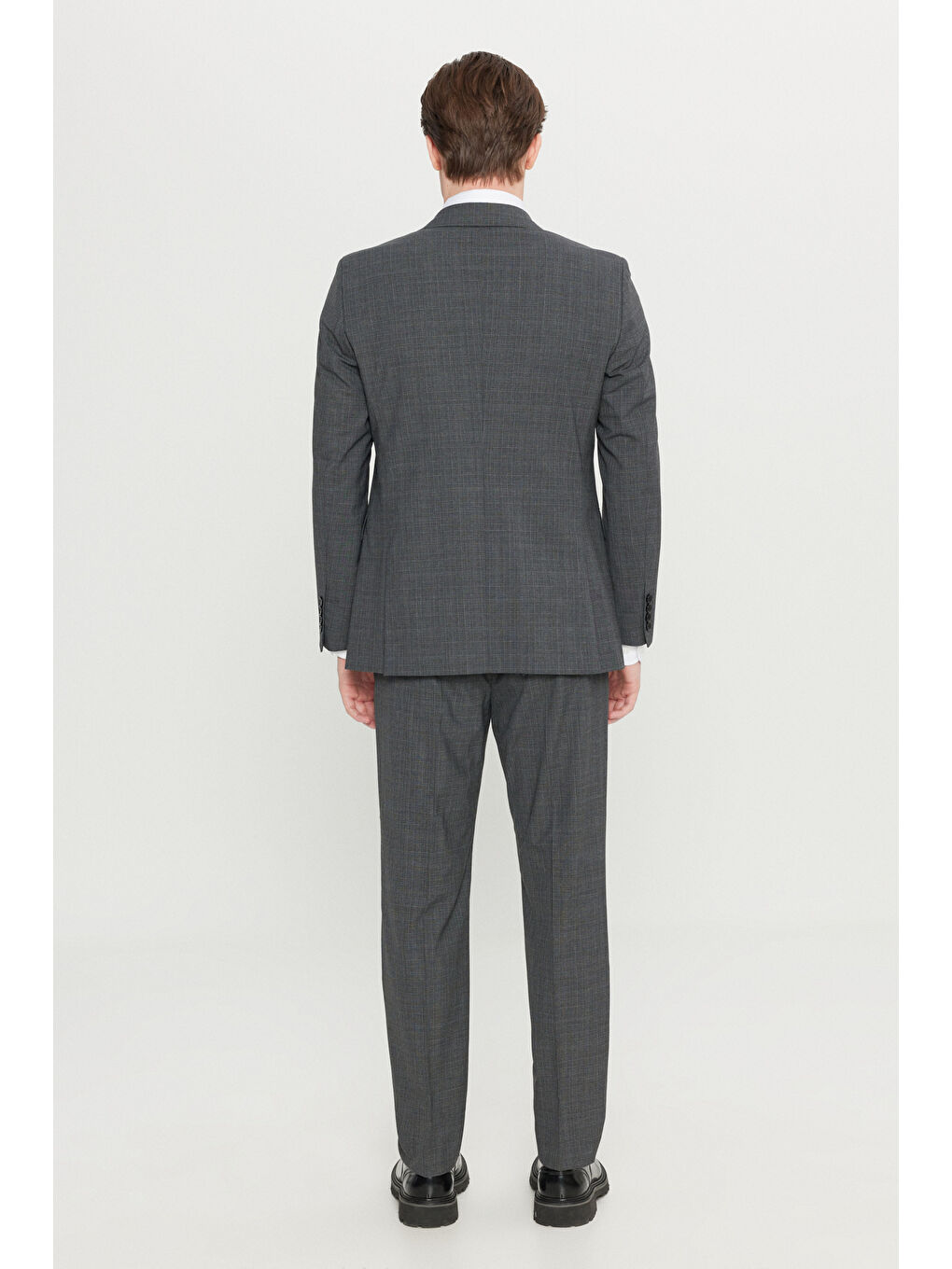 Erkek Koyu Gri Slim Fit Dar Kesim Mono Yaka Kareli Kapak Cepli Esnek Takım Elbise-6