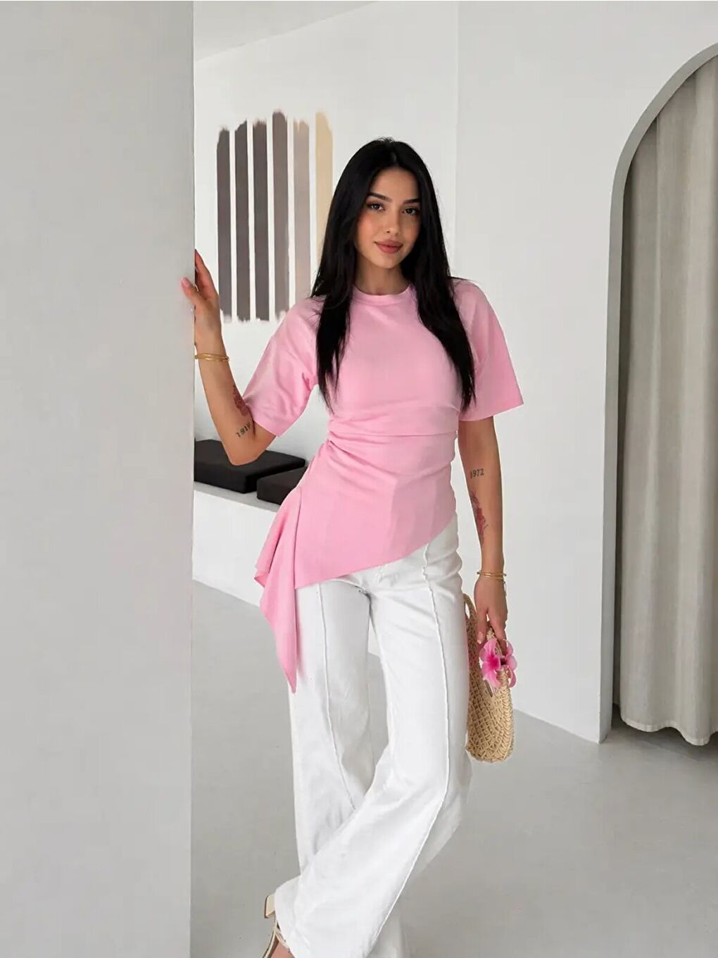 Pembe Asimetrik Drapeli Modern Basic Bluz-1