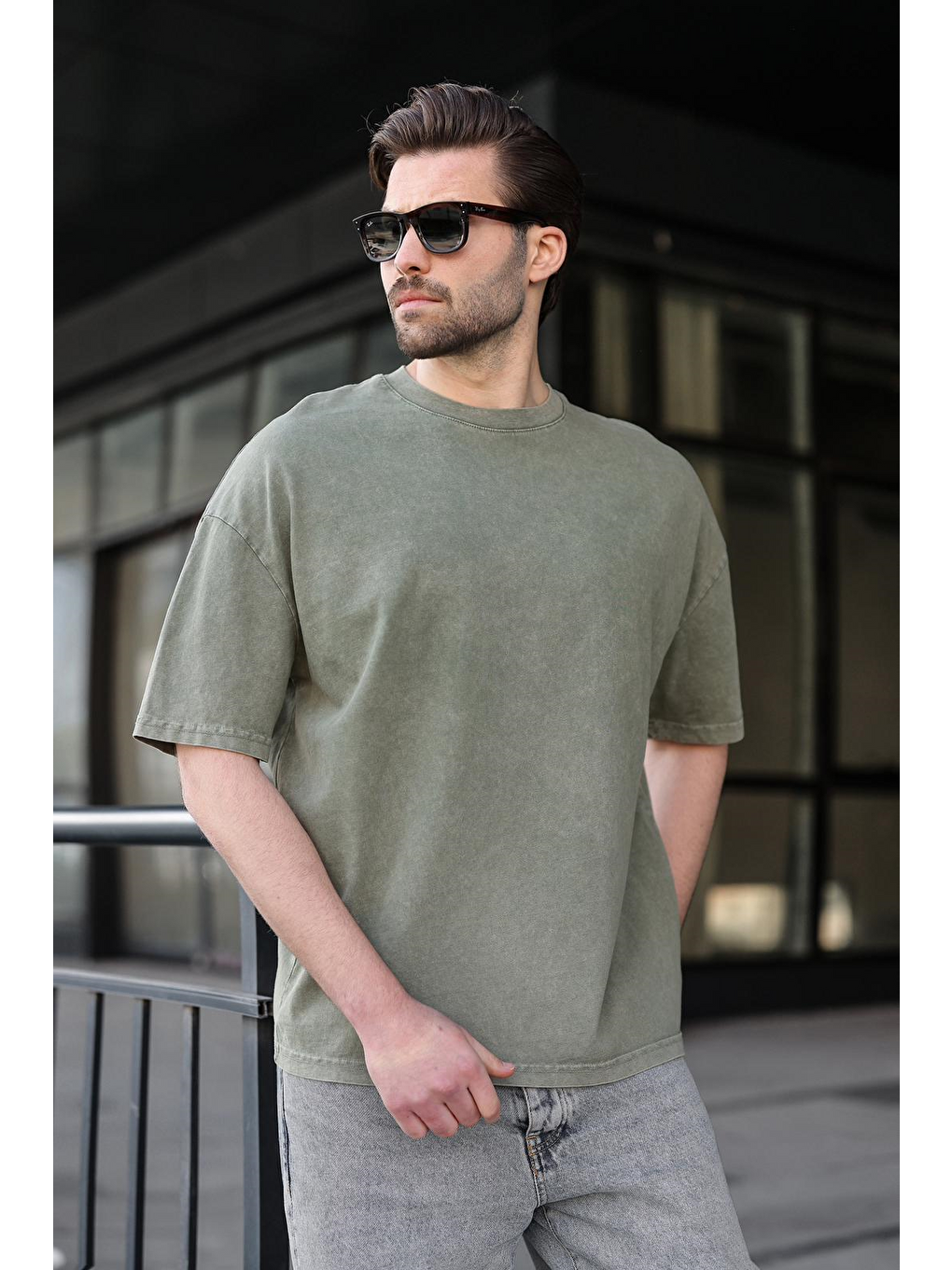 Haki %100 Pamuklu Oversize Erkek Tişört E7178-1