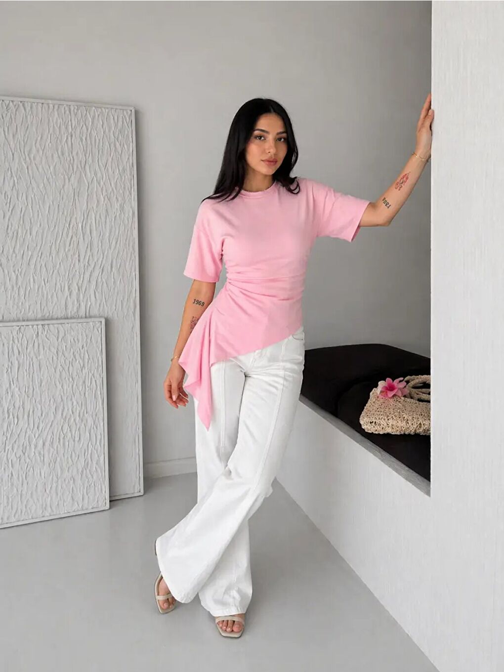Pembe Asimetrik Drapeli Modern Basic Bluz-2