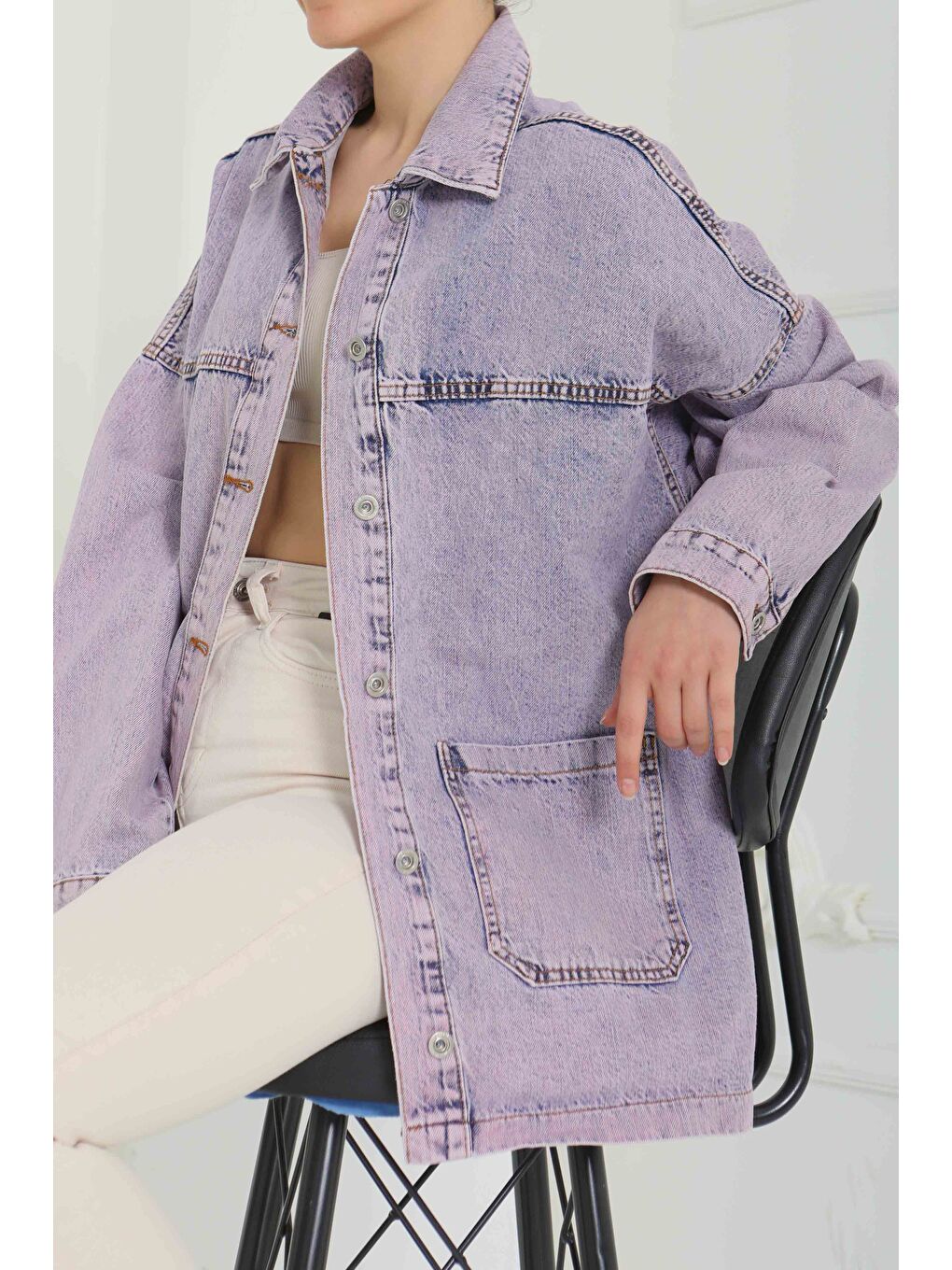 Kadın Kar Yıkama Çift Cepli Düğmeli Jean Ceket Lila   26657-1