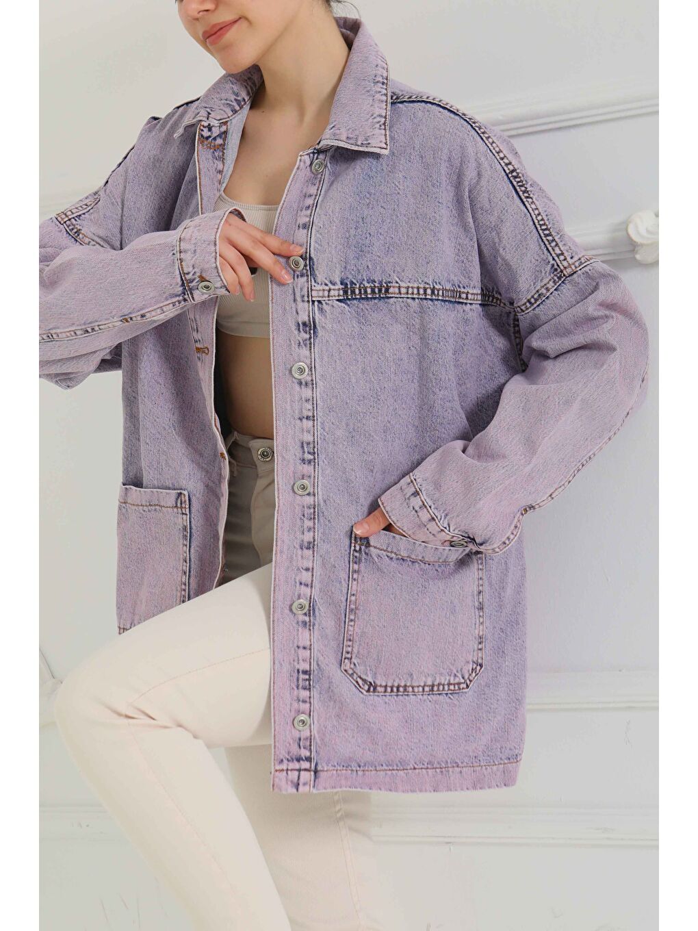 Kadın Kar Yıkama Çift Cepli Düğmeli Jean Ceket Lila   26657-2