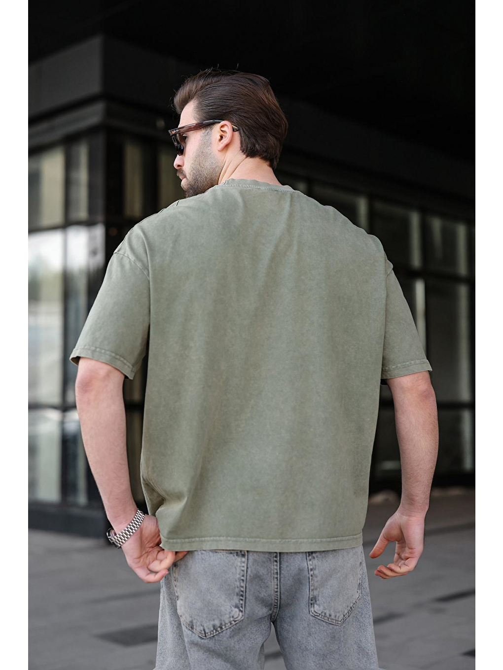 Haki %100 Pamuklu Oversize Erkek Tişört E7178-3