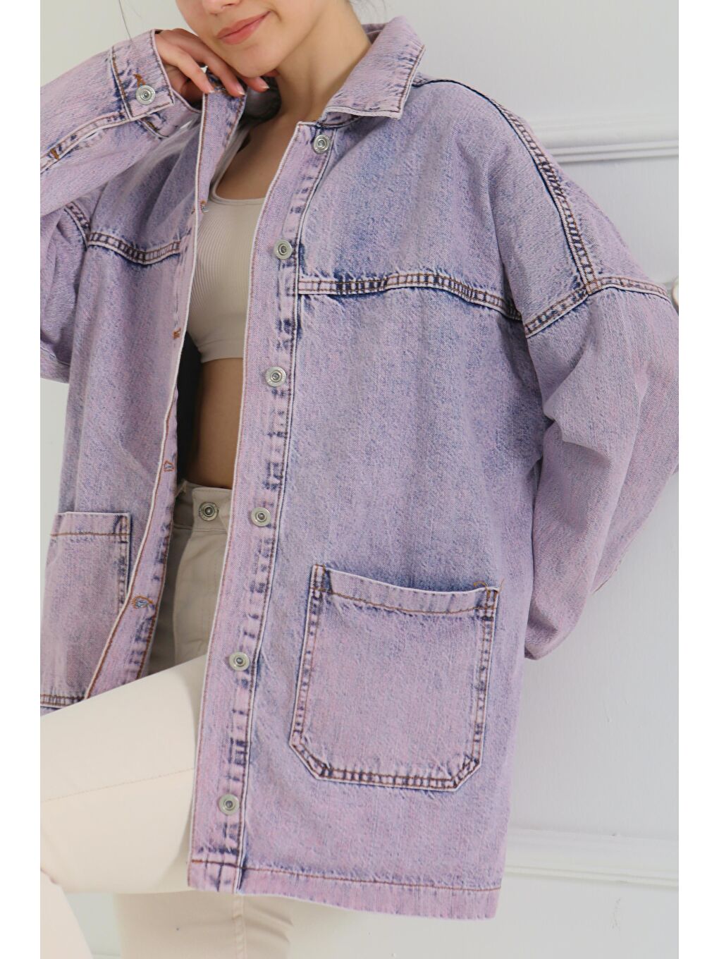 Kadın Kar Yıkama Çift Cepli Düğmeli Jean Ceket Lila   26657-3